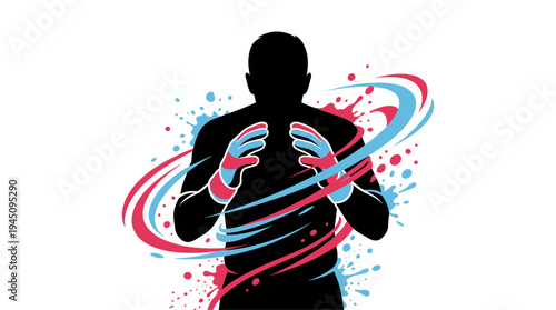 Silhouette of goalkeeper in action with colorful gloves and motion splashes vector illustration