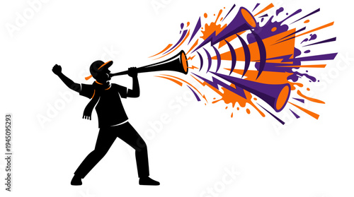 Silhouette of male fan blowing vuvuzela horn with vibrant color splashes vector illustration