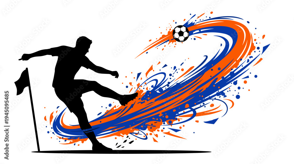 Fototapeta premium Soccer player silhouette kicking ball with colorful paint splash vector illustration