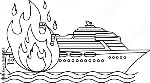 Burning Cruise Ship Line Icon, Maritime Fire Accident at Sea, Emergency Disaster and Marine Safety Vector Illustration