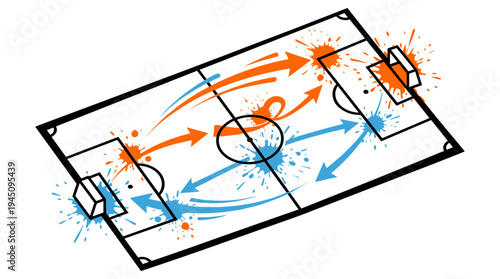 Soccer field tactics with colorful strategy arrows vector illustration isolated on white