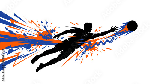 Soccer goalkeeper silhouette diving to save ball with blue and orange energy splashes vector illustration