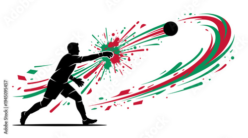 Soccer goalkeeper silhouette throwing ball with red and green paint splashes vector illustration