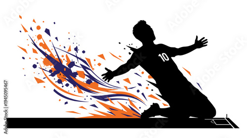Soccer player silhouette celebrating goal sliding on knees with abstract shapes vector illustration