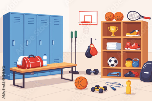 Sports Locker Room Interior with Blue Lockers, Wooden Bench, and Various Athletic Equipment Including Basketballs, Soccer Ball, Boxing Gloves, Dumbbells, Kettlebells, and Sneakers Vector.