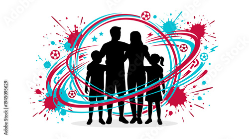 Active family silhouette with soccer balls and colorful dynamic paint splashes vector illustration