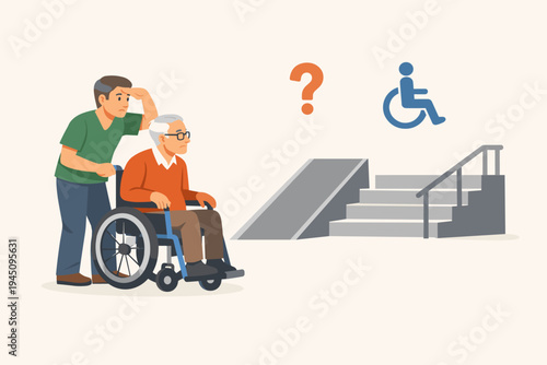 Vector Illustration of a Caregiver Pushing an Elderly Man in a Wheelchair Facing Steep Stairs and a Ramp, Highlighting Accessibility Challenges, Social Barriers, and Disability Rights in Cities