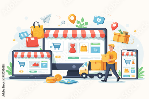 E-commerce online sales concept with digital store interfaces on computer monitor, laptop, and smartphone, featuring delivery courier, truck, shopping bags, credit card and payment icons in vector