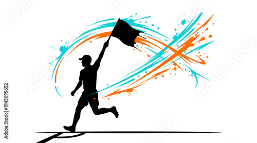 Athlete silhouette running with flag and colorful paint splashes vector illustration