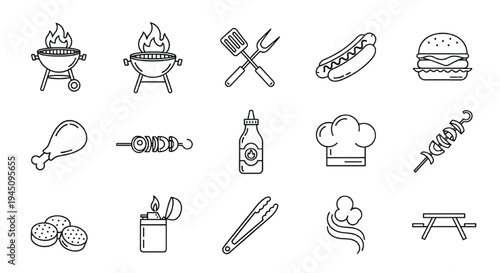 BBQ Grill Line Icons Set Barbecue Cooking Food Outline Vector Collection