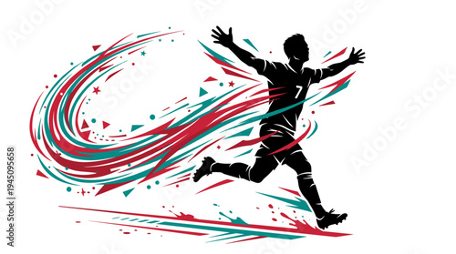 Athletic soccer player silhouette celebrating victory with dynamic colorful swirls vector illustration
