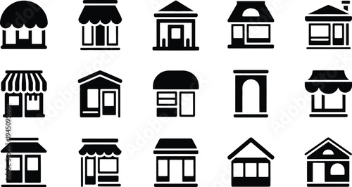 Collection of diverse architectural styles of small black and white storefronts and houses