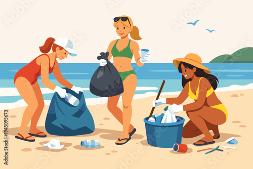 Group of young women in swimwear volunteering to collect plastic waste and litter on a sunny beach, environmental protection and ocean conservation concept, simple flat vector illustration.