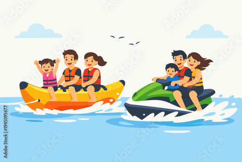 Happy Families Enjoying Water Sports Activities on Summer Vacation, Riding a Banana Boat and Jet Ski on the Ocean Waves, Flat Vector Illustration of People Having Fun at the Beach Resort.