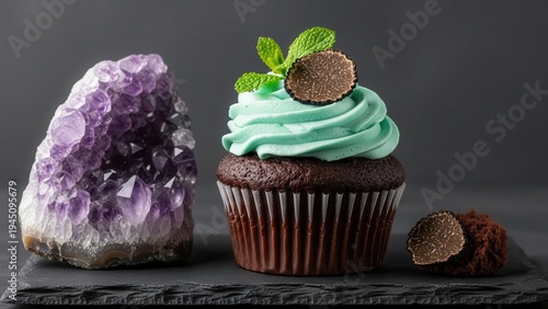 A chocolate cupcake with green frosting and mint leaves on top with an amethyst crystal