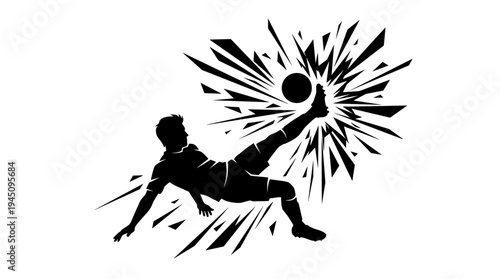 Black silhouette of soccer player performing overhead kick with dynamic explosion vector