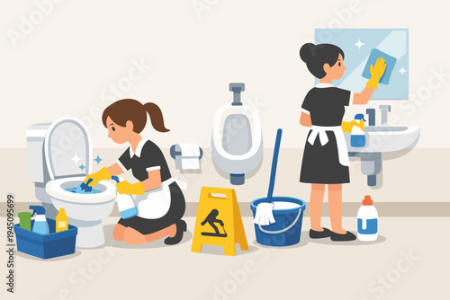 Professional maids in uniforms cleaning a public restroom with a toilet, urinal, and sink. Janitorial staff using spray bottles, brushes, and mops to maintain hygiene. Flat vector illustration.