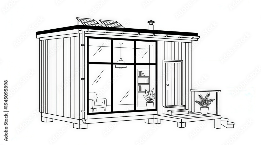 Fototapeta premium Black and white drawing depicting a small Artisan modern modular house with rooftop solar panels and a wooden porch for eco friendly living