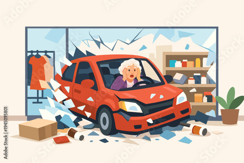 Shocked Elderly Woman Driver Crashing a Red Car Through a Storefront Window with Broken Glass, Accidental Collision in a Retail Shop, Senior Citizen Car Accident Flat Vector Illustration.