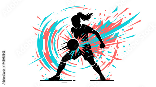 Dynamic silhouette of female soccer player with energetic abstract explosion vector illustration