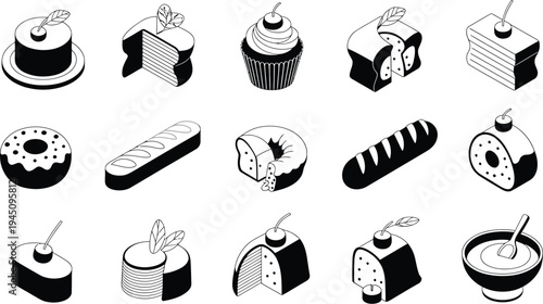 Assorted black and white illustrations of various baked goods and desserts