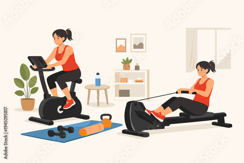 Two Young Women Exercising at Home with Fitness Equipment, One Woman Riding a Stationary Bike and the Other Using a Rowing Machine, Healthy Lifestyle and Home Workout Flat Vector Illustration