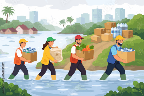 Disaster relief team carrying boxes of food and water through deep floodwater in a city. Humanitarian aid workers delivering emergency supplies to flood victims during a heavy rainstorm.