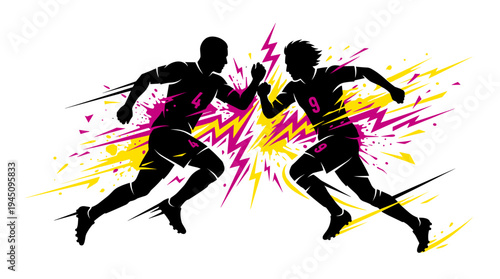 Dynamic silhouette of two soccer players running with colorful lightning vector illustration
