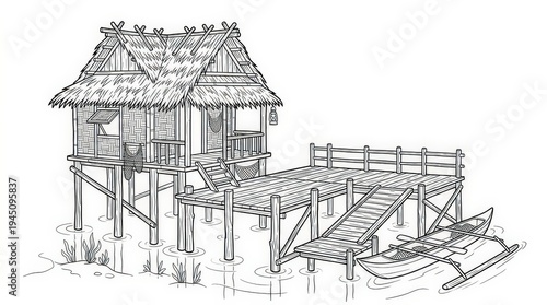 An illustration depicting a traditional Bajau stilt house over calm water with a wooden pier and two outrigger canoes