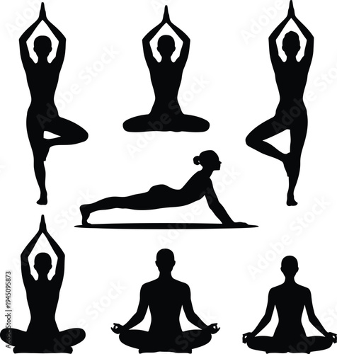 Black silhouette illustration of people including woman man girl and boy doing exercise in  active yoga poses