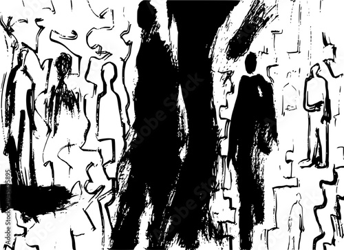 Hand-drawn ink and pen drawing of anonymous people walking in a crowded city with rough lines