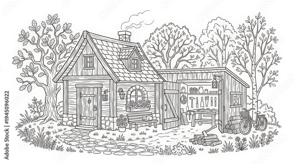 Obraz premium Charming rustic Artisan cottage and detailed workshop with tools, a bicycle, and firewood in a tranquil natural setting line art drawing