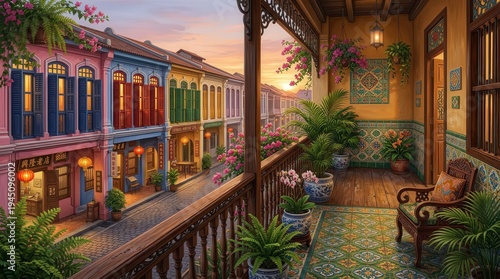Charming colorful Chinese Peranakan shophouses line a historic street seen from a traditional balcony adorned with lush plants and intricate tiles during sunset
