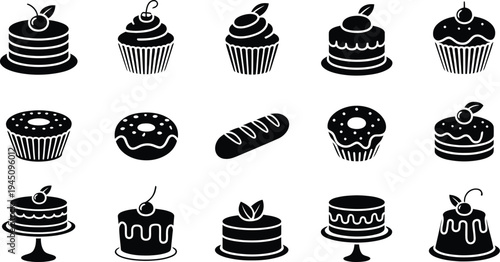 Delightful assortment of stylized black and white cupcakes and desserts illustration