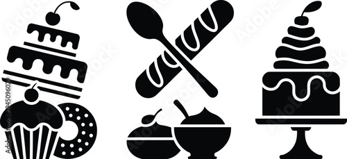 Assorted black and white icons of desserts and kitchen utensils