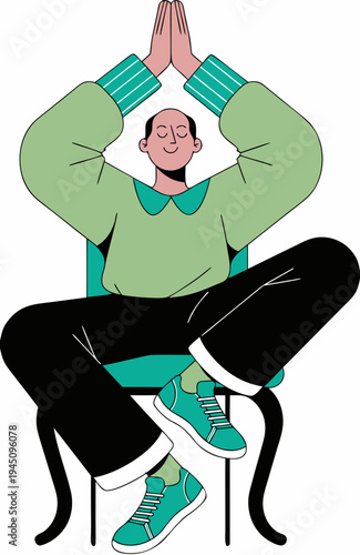 Chair Yoga Warrior Pose Variation Vector Illustration – Senior Man Sitting on Chair Doing Adapted Arms Raised Warrior Pose, Peaceful Expression, Accessible Yoga for Seniors & Elderly, Inclusive Fitnes