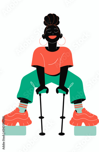Adaptive Downward Dog with Props Vector Illustration – Young Black Woman with Crutches Using Yoga Blocks for Modified Downward-Facing Dog Pose, Joyful Expression, Accessible Yoga for Mobility Aids, In
