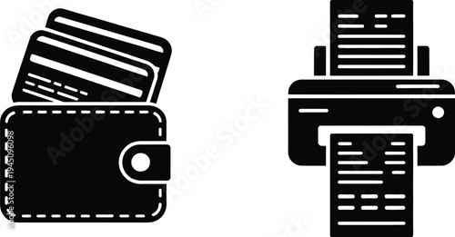 Wallet and printer icons representing financial transactions and digital documentation.
