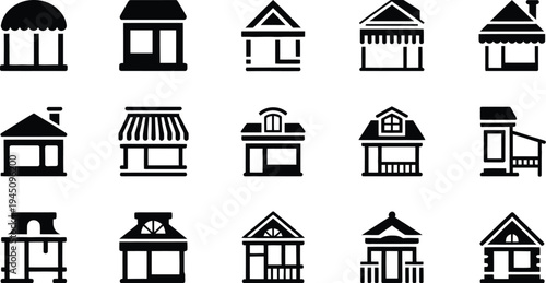 Collection of diverse architectural styles of small houses and buildings