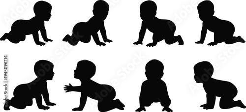 Silhouette Baby Crawling Poses Collection On White Background illustration