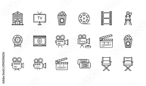 Movie and cinema outline icons collection film theater media vector set