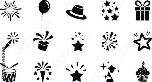 Assorted celebration icons featuring party items and festive symbols in black and white