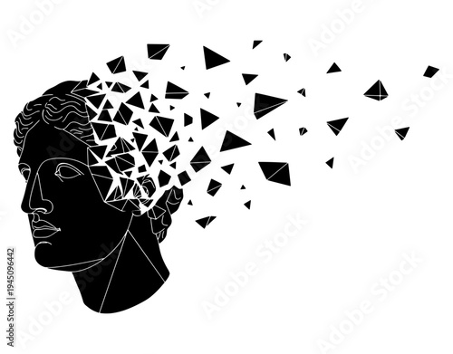 Fragmented thoughts emanating from a human head representation

