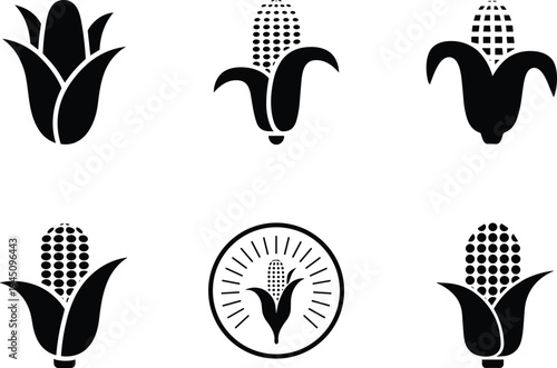 Six Black Silhouette Corn Icons Including Whole Cob And Husk Variations Keywords: corn, maize, food, agriculture, harvest, crop