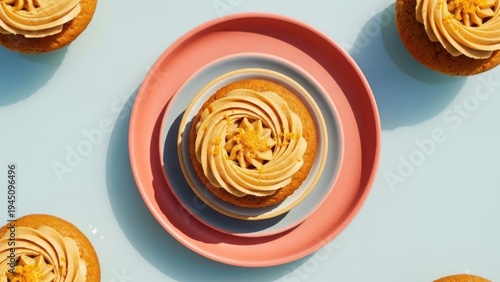 Overhead view of orange frosted cupcakes on a pink plate and light blue background