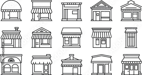 Assorted architectural styles of storefronts and buildings depicted in a minimalist line drawing format