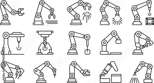 Collection of diverse industrial robotic arms in various configurations and poses
