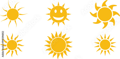 Six Yellow Sun Icons With Different Designs On White Background illustration