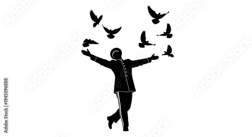 Silhouette of a Person Releasing Birds into the Sky, Symbolizing Freedom and Joy