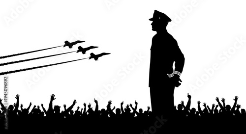 Silhouette of a General Watching Airplanes and Crowd